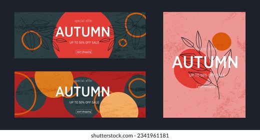 Modern Abstract Set Autumn Design with Graphic Memphis Element. Background Patterns in Retro Style for Advertising, Web, Social Media, Poster, Banner, Cover. Sale offer 50%. Vector Illustration