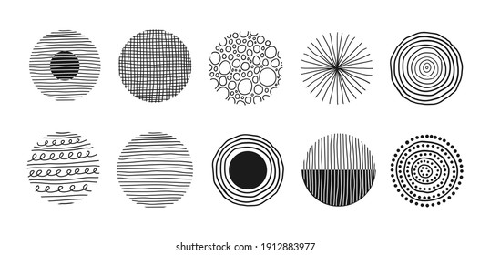 Modern abstract set black round shapes with lines, circles, drops on white background. Vector hand drawn illustration