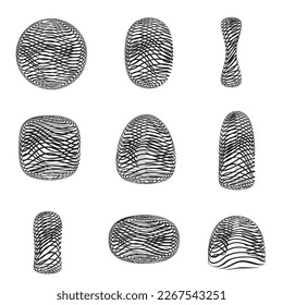 Modern abstract set black round shapes with lines, circles, drops on white background. Vector hand drawn illustration