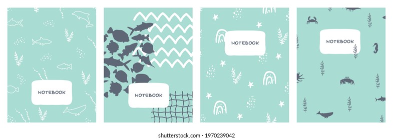 Modern abstract set of blue sea ocean covers designs. Cute simple geometric backgrounds, vector illustrations for notebooks, planners, books, brochures, catalogs