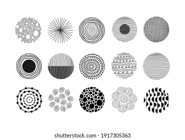 Modern abstract set of fifteen black round shapes with lines, circles, drops on white background. Vector hand drawn illustration	