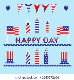 Modern abstract set of memorial, independence day, pixel art icons, isolated background. Holiday, patriotic poster in blue, red and white color. Cross stitch style Vector illustration.