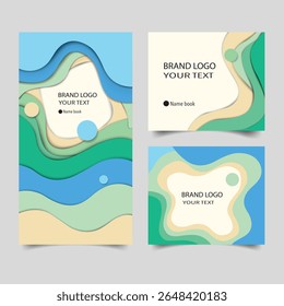 Conjunto moderno abstrato com camadas de estilo de corte de papel em azul, verde e bege para o logotipo da marca e exibição de texto.