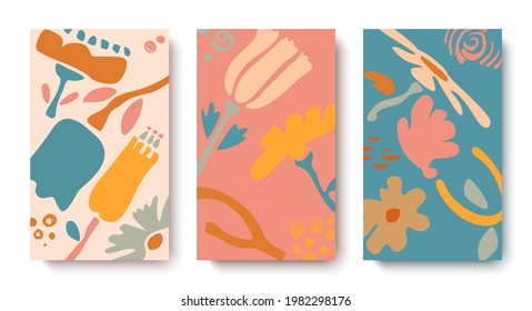 A modern abstract set in pastel colors.Hand-drawn flowers,doodles.Children's illustration.Applicable for banners, covers, invitations,greetings.