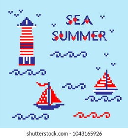 Modern abstract set pixel art icons, isolated background. Summer, holiday, vacation poster in blue, red and white color. Cross stitch style heart embroidery pattern. Vector illustration.