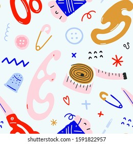 Modern abstract sewing backdrop in trendy doodle style. Hand drawn colorful illustrations, seamless vector pattern with tailor tools and equipment, scissors, bobbin and measuring tape, 