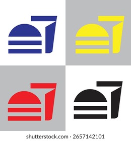 Modern abstract shape icons resembling headwear or helmets in red, yellow, blue, and black. Suitable for creative branding or abstract concepts.

