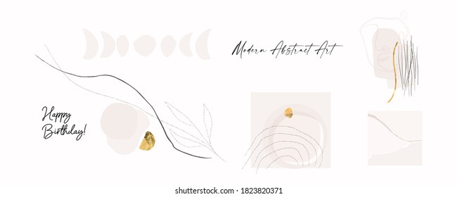 Modern abstract shapes art. Trendy organic forms and line art drawing. Chic boho style prints. Botanicals. Neutral pastel, blush pink, dusty pink, beige colors. Gold leaf foil. Logo, branding, web etc