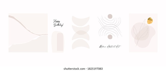 Modern abstract shapes art. Trendy organic forms and line art drawing. Chic boho style prints. Botanicals. Neutral pastel, blush pink, dusty pink, beige colors. Gold leaf foil. Logo, branding, web etc