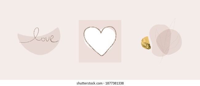 Modern abstract shapes art. Trendy organic forms line art drawing. Chic glitter texture. Valentines day concept. Neutral pastel blush pink  colors. Gold leaf foil. Logo, branding, web, social media