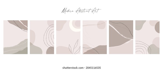 Modern abstract shapes art. Trendy organic forms and line art drawing. Chic boho style prints. Botanicals. Neutral pastel blush pink, green, yellow, beige colors. Hand drawn pencil leaves fall pattern