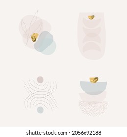 Modern abstract shapes art. Trendy organic forms and line art drawing. Chic boho style prints. Botanicals. Neutral pastel, blush pink, dusty pink, beige colors. Gold leaf foil. Logo, branding, web etc