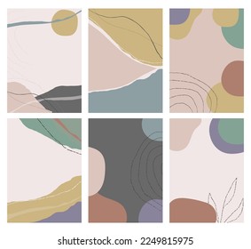 Modern abstract shapes art. Trendy organic forms and line art drawing. Chic boho style prints. Botanicals. Neutral pastel blush pink, green, yellow, beige colors. Hand drawn pencil leaves fall pattern