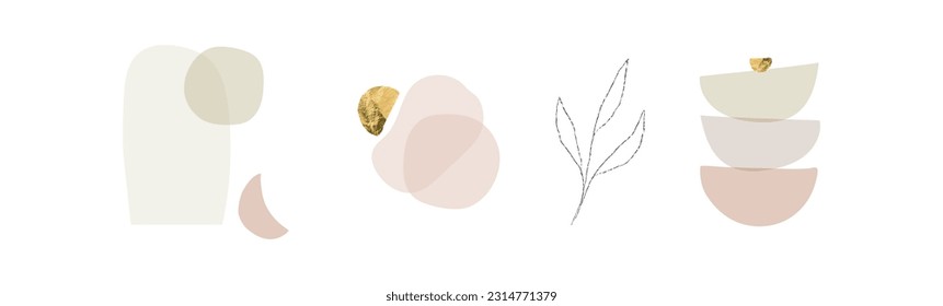 Modern abstract shapes art. Trendy organic forms and line art drawing. Chic boho style prints. Botanicals. Neutral pastel, blush pink, dusty pink, beige colors. Gold leaf foil. Logo, branding, web etc