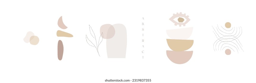 Modern abstract shapes art. Trendy organic forms and line art drawing. Chic boho style prints. Botanicals. Neutral pastel, blush pink, dusty pink, beige colors. Gold leaf foil. Logo, branding, web etc