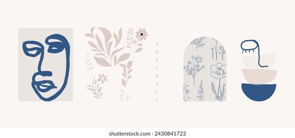 Modern abstract shapes art. Trendy organic forms and line art floral drawings. Chic boho style prints. Botanicals. Trendy earthy colors, beige, cream, and milky blue. Matisse style. Logo, branding etc