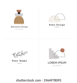 Modern abstract shapes, bohemian art. Vector set of hand drawn logo templates in boho style. For branding and business identity, for business women.