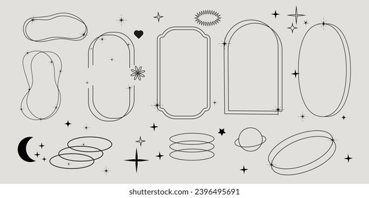 Modern abstract shapes and figures in boho style. Brutalism. Vector. Isolated. Y2k elements. Decorative set with frames and stars. Background. Editable line. Trendy one line style. Moon and sun