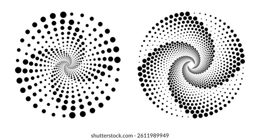 Modern abstract shapes. Halftone dots in circle dotted frame. Spiral black form