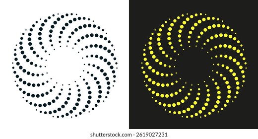 Modern abstract shapes. Halftone dots in circle dotted frame. Spiral black form