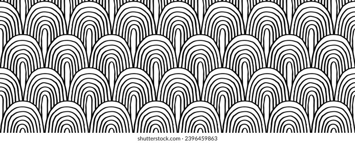 Modern abstract shapes monochrome seamless linear pattern with arches. Geometric textured. Scandinavian graphic print. Japanese, Chinese illustration for tile, wallpaper, carpet, rug. Retro design.