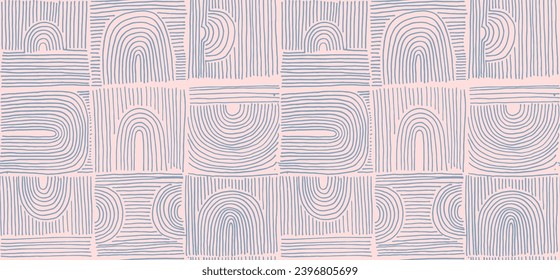 Modern abstract shapes monochrome seamless linear pattern with arches. Geometric textured pattern. Scandinavian graphic print. Neutral vector illustration for tile, wallpaper, carpet. Retro design.