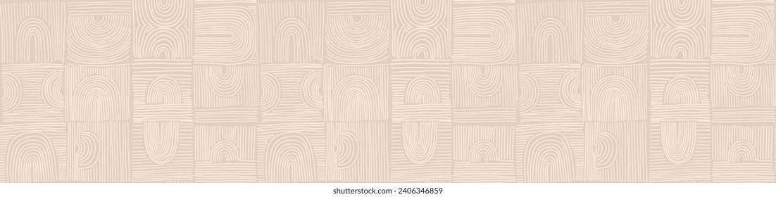 Modern abstract shapes monochrome seamless linear pattern with arches. Geometric textured pattern. Scandinavian graphic print. Neutral vector illustration for tile, wallpaper, carpet. Retro design.