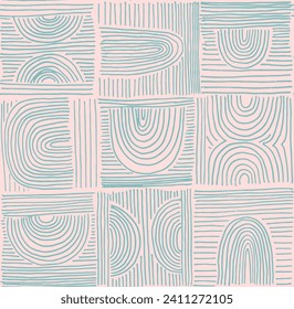 Modern abstract shapes monochrome seamless linear pattern with arches. Geometric textured pattern. Scandinavian graphic print. Neutral vector illustration for tile, wallpaper, carpet. Retro design.