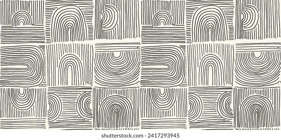 Modern abstract shapes monochrome seamless linear pattern with arches. Geometric textured pattern. Scandinavian graphic print. Neutral vector illustration for tile, wallpaper, carpet. Retro design.