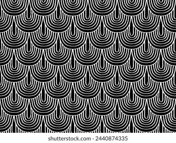 Modern abstract shapes monochrome seamless linear pattern with arches. Geometric textured. Scandinavian graphic print. Japanese, Chinese illustration for tile, wallpaper, carpet, rug. Retro design.