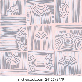 Modern abstract shapes monochrome seamless linear pattern with arches. Geometric textured pattern. Scandinavian graphic print. Neutral vector illustration for tile, wallpaper, carpet. Retro design.