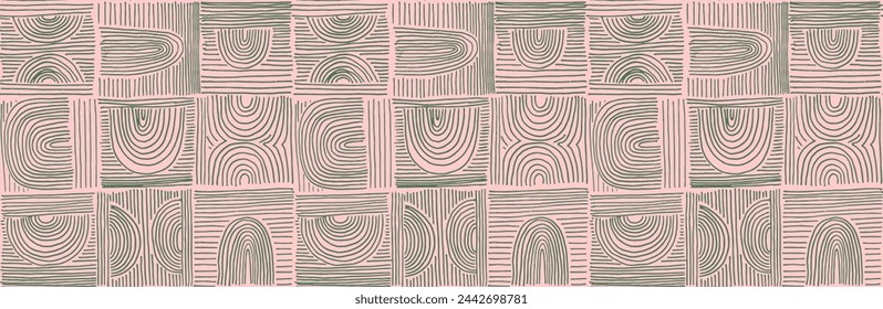 Modern abstract shapes monochrome seamless linear pattern with arches. Geometric textured pattern. Scandinavian graphic print. Neutral vector illustration for tile, wallpaper, carpet. Retro design.