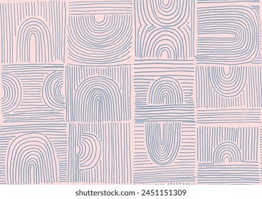 Modern abstract shapes monochrome seamless linear pattern with arches. Geometric textured pattern. Scandinavian graphic print. Neutral vector illustration for tile, wallpaper, carpet. Retro design.