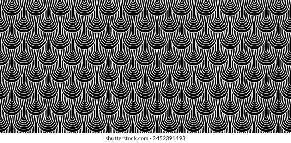 Modern abstract shapes monochrome seamless linear pattern with arches. Geometric textured. Scandinavian graphic print. Japanese, Chinese illustration for tile, wallpaper, carpet, rug. Retro design.