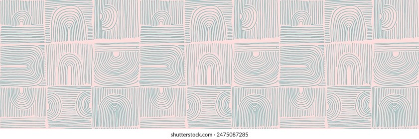 Modern abstract shapes monochrome seamless linear pattern with arches. Geometric textured pattern. Scandinavian graphic print. Neutral vector illustration for tile, wallpaper, carpet. Retro design.