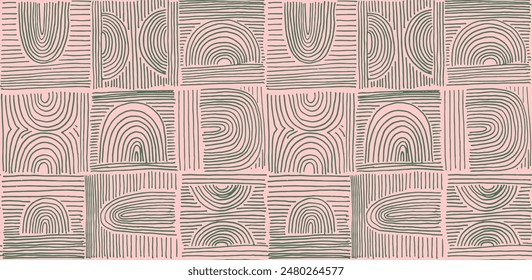 Modern abstract shapes monochrome seamless linear pattern with arches. Geometric textured pattern. Scandinavian graphic print. Neutral vector illustration for tile, wallpaper, carpet. Retro design.
