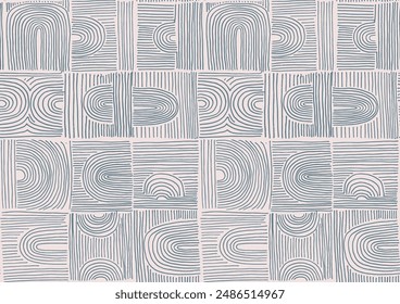 Modern abstract shapes monochrome seamless linear pattern with arches. Geometric textured pattern. Scandinavian graphic print. Neutral vector illustration for tile, wallpaper, carpet. Retro design.