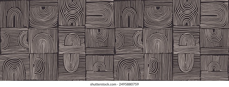 Modern abstract shapes monochrome seamless linear pattern with arches. Geometric textured pattern. Scandinavian graphic print. Neutral vector illustration for tile, wallpaper, carpet. Retro design.