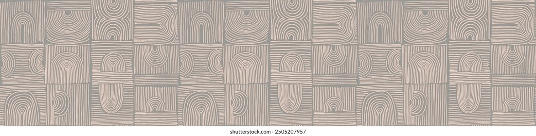 Modern abstract shapes monochrome seamless linear pattern with arches. Geometric textured pattern. Scandinavian graphic print. Neutral vector illustration for tile, wallpaper, carpet. Retro design.