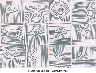 Modern abstract shapes monochrome seamless linear pattern with arches. Geometric textured pattern. Scandinavian graphic print. Neutral vector illustration for tile, wallpaper, carpet. Retro design.