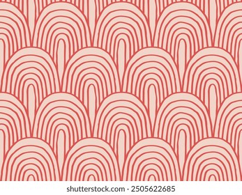 Modern abstract shapes monochrome seamless linear pattern with arches. Geometric textured. Scandinavian graphic print. Japanese, Chinese illustration for tile, wallpaper, carpet, rug. Retro design.
