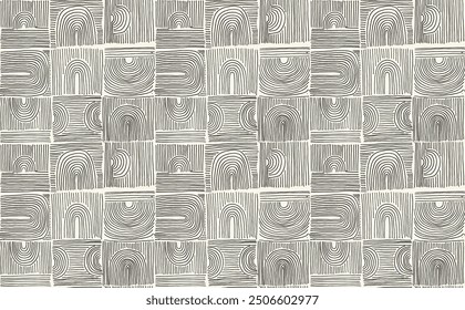 Modern abstract shapes monochrome seamless linear pattern with arches. Geometric textured pattern. Scandinavian graphic print. Neutral vector illustration for tile, wallpaper, carpet. Retro design.