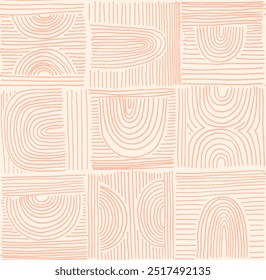 Modern abstract shapes monochrome seamless linear pattern with arches. Geometric textured pattern. Scandinavian graphic print. Neutral vector illustration for tile, wallpaper, carpet. Retro design.