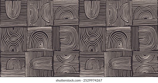 Formas abstractas modernas monocromo patrón lineal sin fisuras con arcos. Patrón geométrico texturizado. Estampado gráfico escandinavo. Ilustración vectorial neutra para azulejos, Fondo de pantalla, alfombras. Diseño retro.