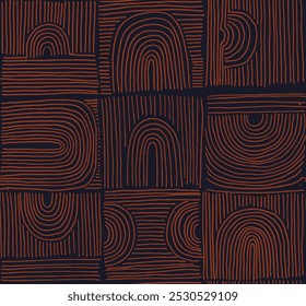 Modern abstract shapes monochrome seamless linear pattern with arches. Geometric textured pattern. Scandinavian graphic print. Neutral vector illustration for tile, wallpaper, carpet. Retro design.