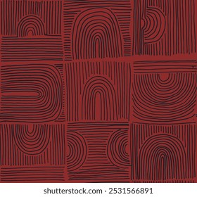 Modern abstract shapes monochrome seamless linear pattern with arches. Geometric textured pattern. Scandinavian graphic print. Neutral vector illustration for tile, wallpaper, carpet. Retro design.