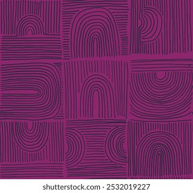 Modern abstract shapes monochrome seamless linear pattern with arches. Geometric textured pattern. Scandinavian graphic print. Neutral vector illustration for tile, wallpaper, carpet. Retro design.