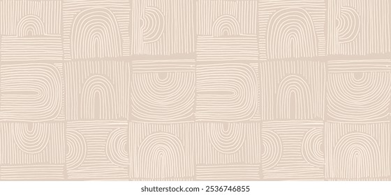 Formas abstractas modernas monocromo patrón lineal sin fisuras con arcos. Patrón geométrico texturizado. Estampado gráfico escandinavo. Ilustración vectorial neutra para azulejos, Fondo de pantalla, alfombras. Diseño retro.