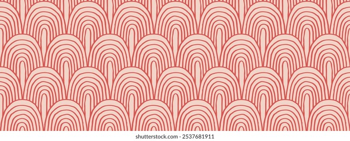 Formas abstratas modernas monocromáticas padrão linear sem costura com arcos. Textura geométrica. Impressão gráfica escandinava. Japonês, ilustração chinesa para azulejo, papel de parede, tapete, tapete. Projeto retrô.