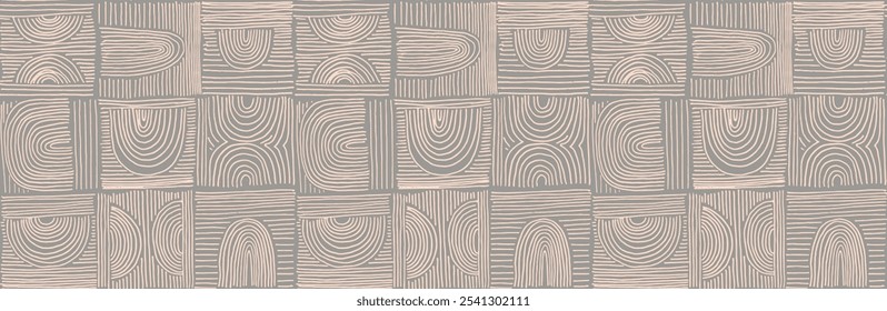 Formas abstractas modernas monocromo patrón lineal sin fisuras con arcos. Patrón geométrico texturizado. Estampado gráfico escandinavo. Ilustración vectorial neutra para azulejos, Fondo de pantalla, alfombras. Diseño retro.